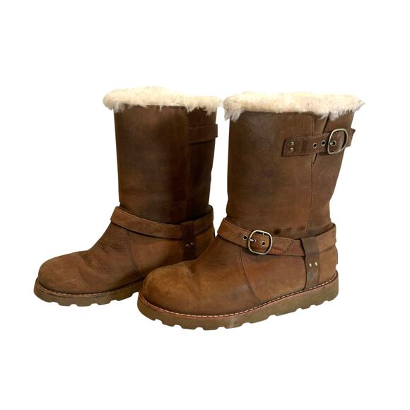 UGG Noira Waterproof Leather Sheepskin Boots Brown Women's 6 - Picture 1 of 8